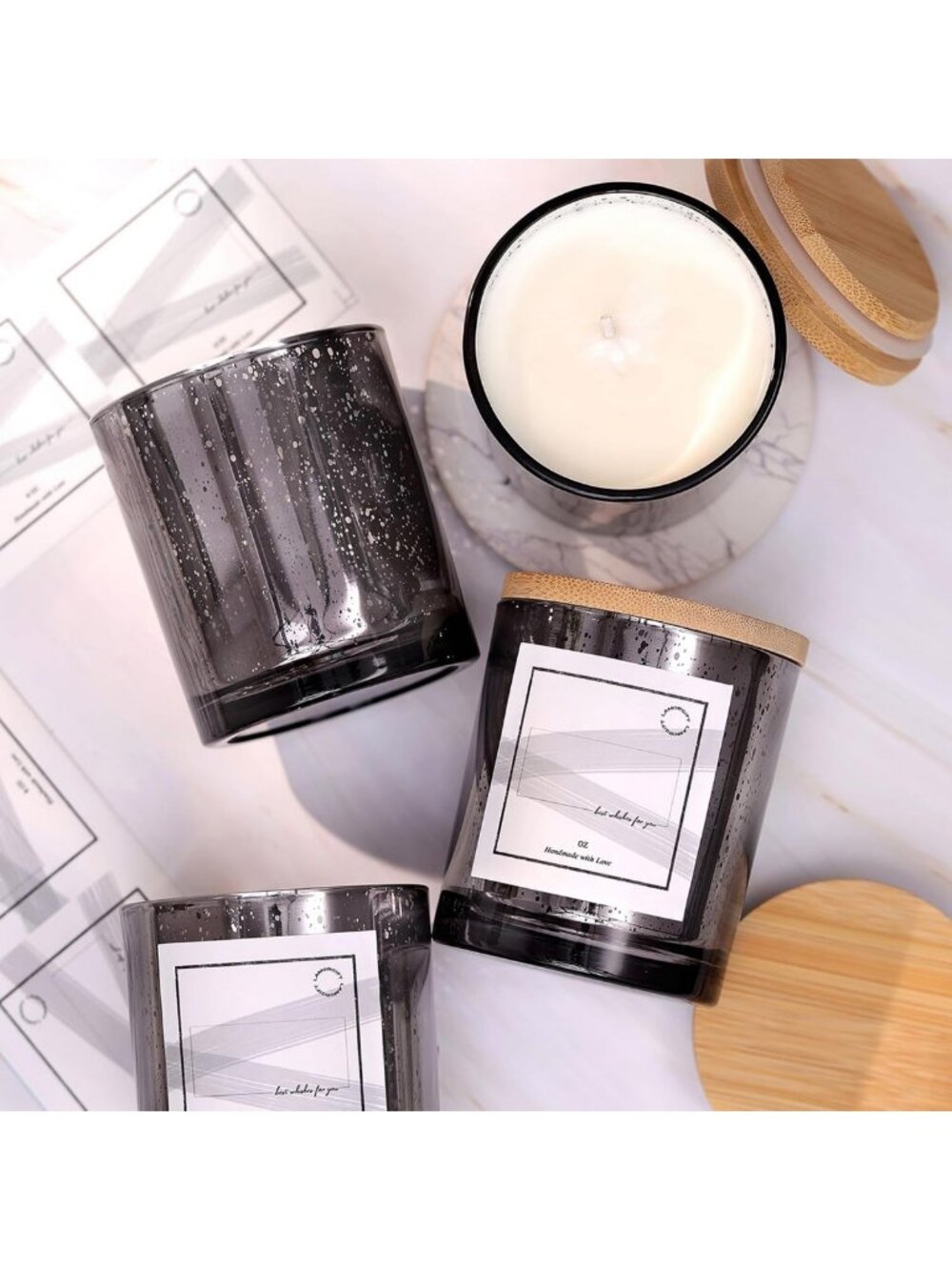 10oz Dark Gray Glass Candle Jars with Lids - 12 Pack + 15 Labels for DIY
